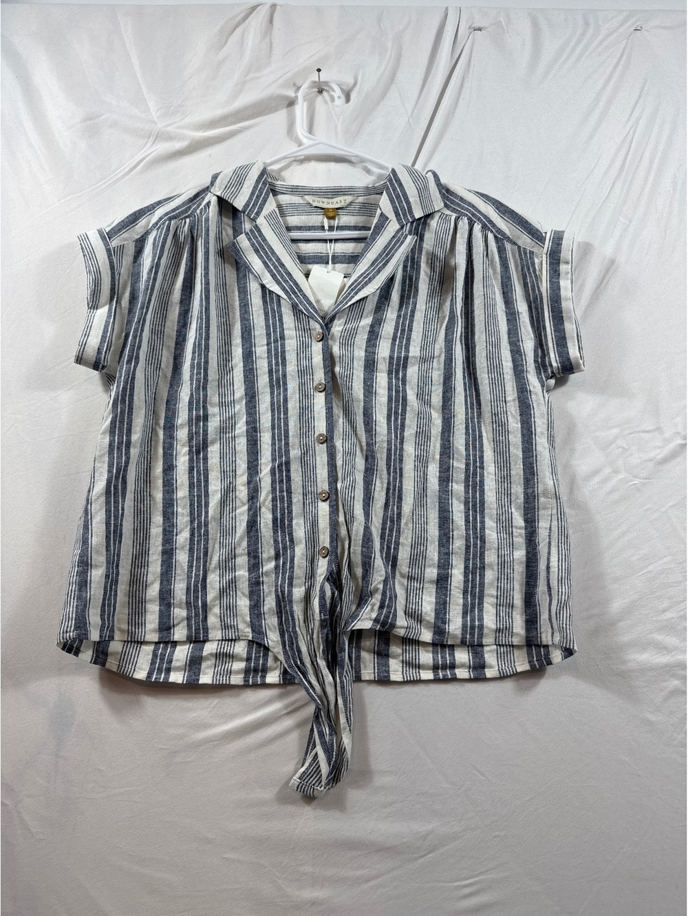 Downeast Blue and White Striped Button-Up Tie-Front Shirt, Size M